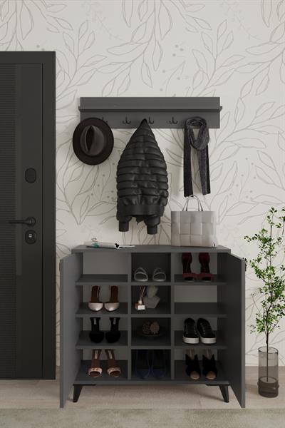 Akasya 2 Kapaklı Ayakkabılık Vestiyer Portmanto Askılık 90 cm - Antrasit