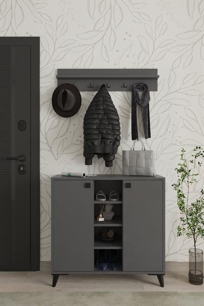 Akasya 2 Kapaklı Ayakkabılık Vestiyer Portmanto Askılık 90 cm - Antrasit