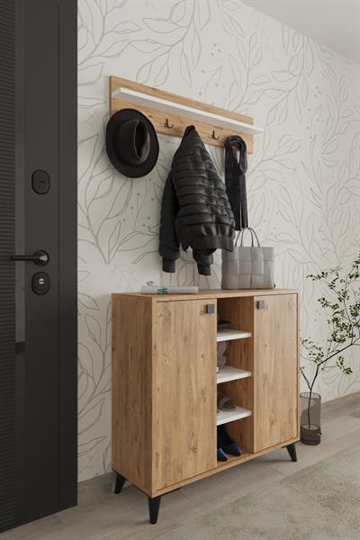 Akasya 2 Kapaklı Ayakkabılık Vestiyer Portmanto Askılık 90 cm - Atlantik Çam & Beyaz
