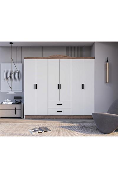 Bianca 6 Kapılı 2 Çekmeceli Gardrop Geniş Dolap & Elbise Dolabı Atlantik Çam & Beyaz