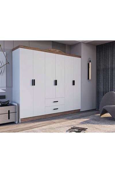 Bianca 6 Kapılı 2 Çekmeceli Gardrop Geniş Dolap & Elbise Dolabı Atlantik Çam & Beyaz