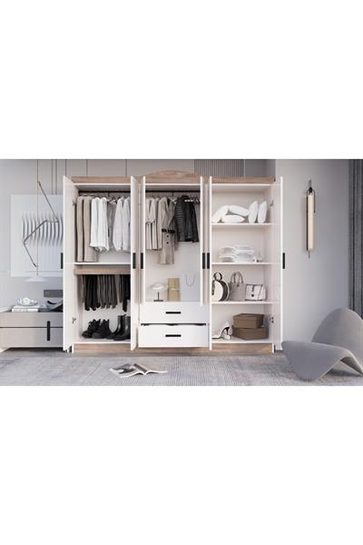 Bianca 6 Kapılı 2 Çekmeceli Gardrop Geniş Dolap & Elbise Dolabı Atlantik Çam & Beyaz