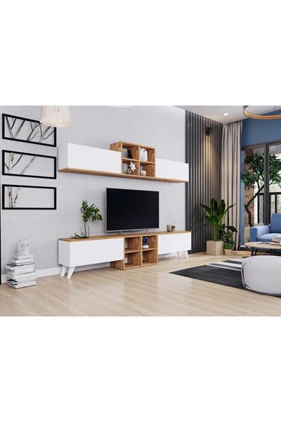 Eyfel 4 Kapaklı  Tv Ünitesi Tv Sehpası - Atlantik Çam & Beyaz