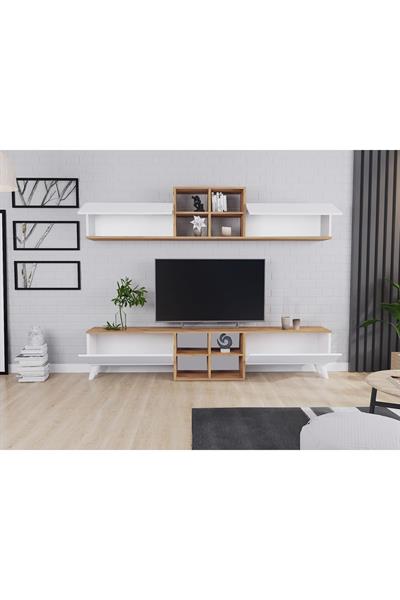 Eyfel 4 Kapaklı  Tv Ünitesi Tv Sehpası - Atlantik Çam & Beyaz