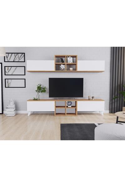Eyfel 4 Kapaklı  Tv Ünitesi Tv Sehpası - Atlantik Çam & Beyaz