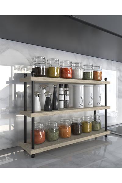 İnci Baharatlık Mutfak Rafı Çok Amaçlı Raf 3 Katlı Metal Ayaklı Organizer 60 cm - Traverten Desen