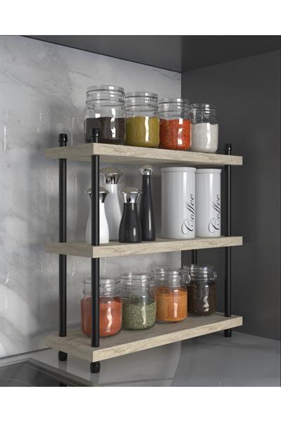 İnci Baharatlık Mutfak Rafı Çok Amaçlı Raf 3 Katlı Metal Ayaklı Organizer 40 cm - Traverten Desen