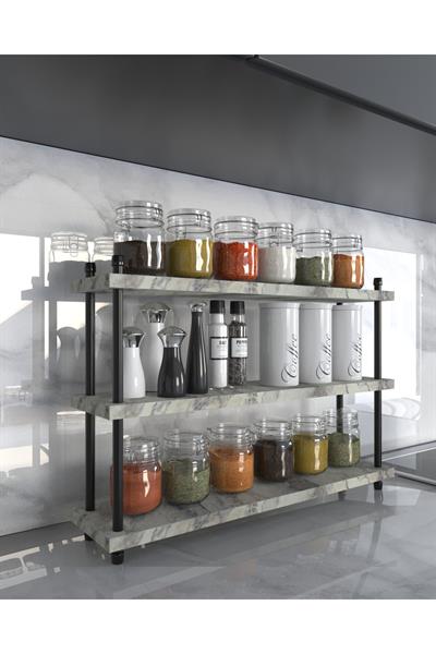 İnci Baharatlık Mutfak Rafı Çok Amaçlı Raf 3 Katlı Metal Ayaklı Organizer 60 cm - Mermer Desenli