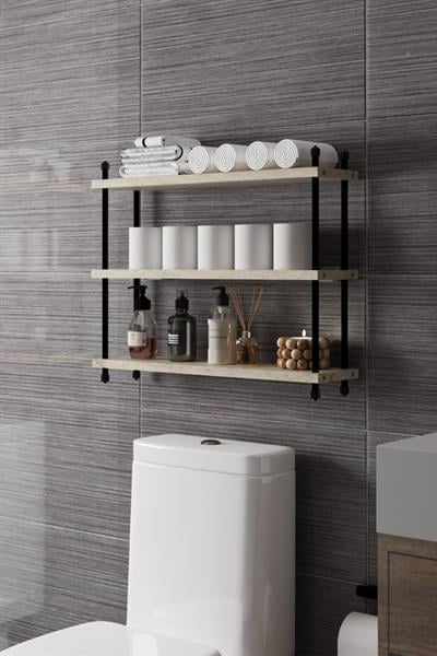 İnci Klozet Arkası Çok Amaçlı Banyo Düzenleyici Klozet Üstü Raf ve Organizatör 60 cm - Traverten Desen