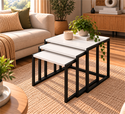 Lidya 3lü Zigon Sehpa Siyah Metal Ayaklı Modern Sehpa Takımı Orta Sehpa - Beyaz