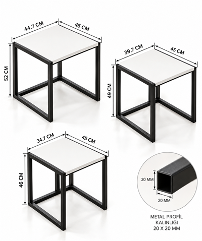 Lidya 3lü Zigon Sehpa Siyah Metal Ayaklı Modern Sehpa Takımı Orta Sehpa - Traverten Desen