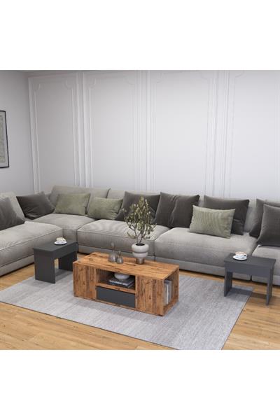 Lila Orta Sehpa 3lü Takım Zigonlu Modern, 100 cm, Atlantik Çam - Antrasit