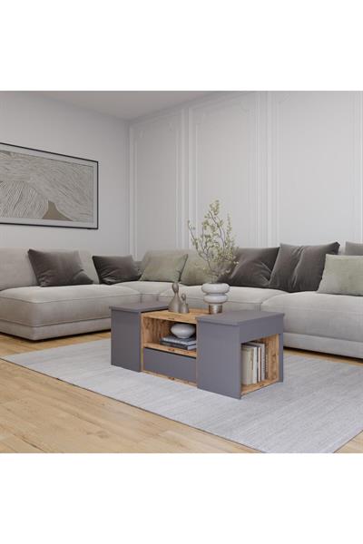 Lila Orta Sehpa 3lü Takım Zigonlu Modern, 100 cm, Atlantik Çam - Sis Gri