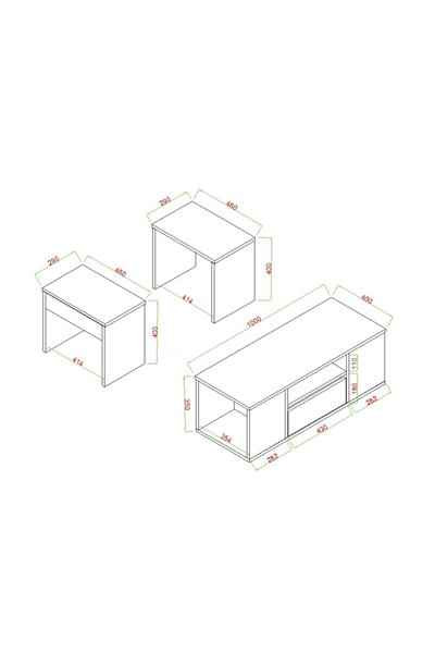 Lila Orta Sehpa 3lü Takım Zigonlu Modern 100 cm,- Atlantik Çam & Beyaz