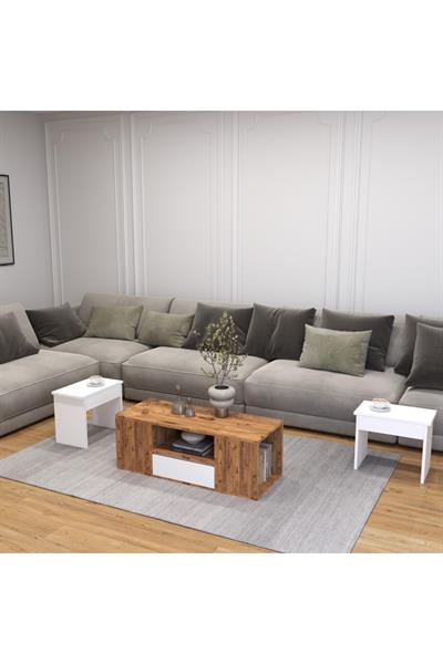 Lila Orta Sehpa 3lü Takım Zigonlu Modern 100 cm,- Atlantik Çam & Beyaz