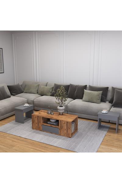 Lila Orta Sehpa 3lü Takım Zigonlu Modern, 100 cm, Atlantik Çam - Sis Gri