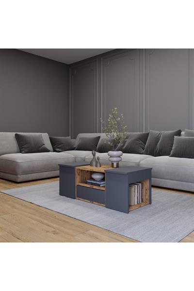 Lila Orta Sehpa 3lü Takım Zigonlu Modern, 100 cm, Atlantik Çam - Antrasit