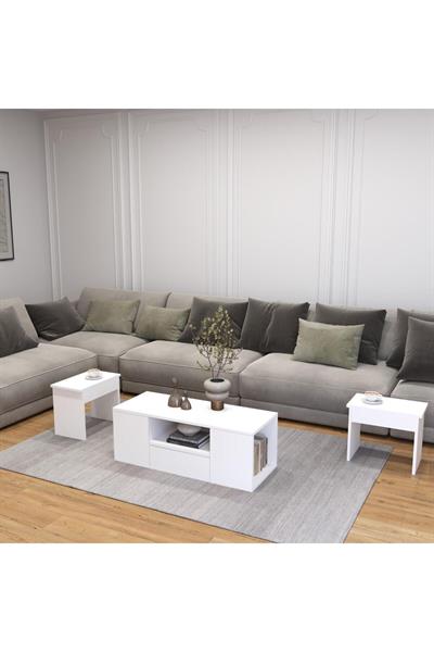 Lila Orta Sehpa 3lü Takım Zigonlu Modern 100 cm -  Beyaz