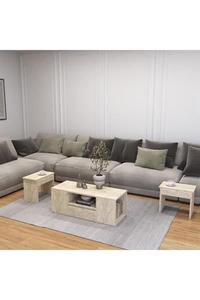 Lila Orta Sehpa 3lü Takım Zigonlu Modern 100 cm - Traverten Desen