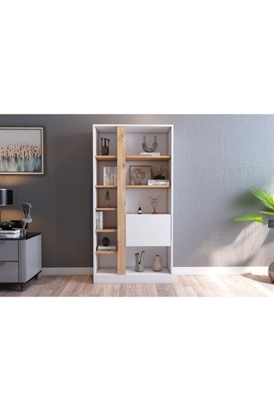 Lotus Kitaplık Kapaklı 160 cm - Beyaz & Atlantik Çam