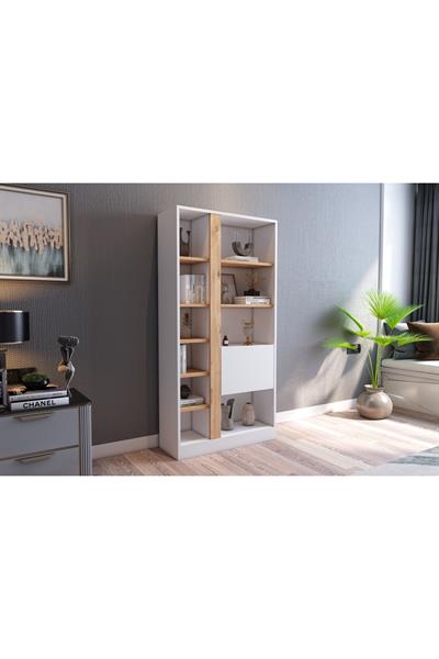 Lotus Kitaplık Kapaklı 160 cm - Beyaz & Atlantik Çam
