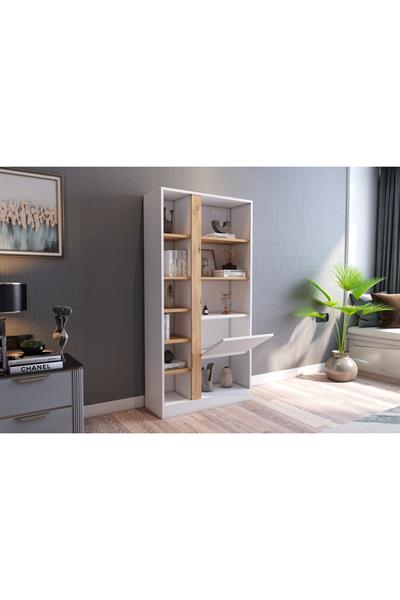 Lotus Kitaplık Kapaklı 160 cm - Beyaz & Atlantik Çam