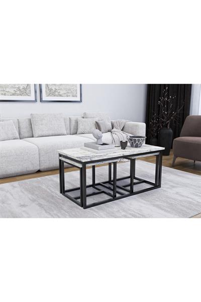Luxor Orta Sehpa Zigon Sehpa Metal Ayak Masa  3lü Zigon Sehpa Seti - Mermer Desenli