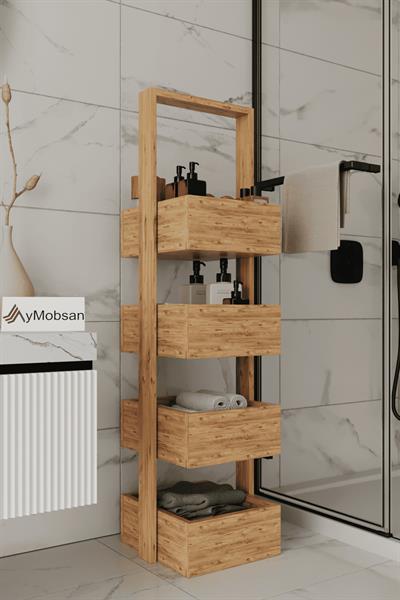 Multi Çok Amaçlı Banyo Rafı Sepetli Çok Amaçlı Raf 4 Raflı 120 cm - Atlantik Çam