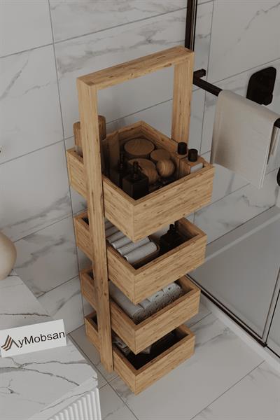 Multi Çok Amaçlı Banyo Rafı Sepetli Çok Amaçlı Raf 4 Raflı 120 cm - Atlantik Çam