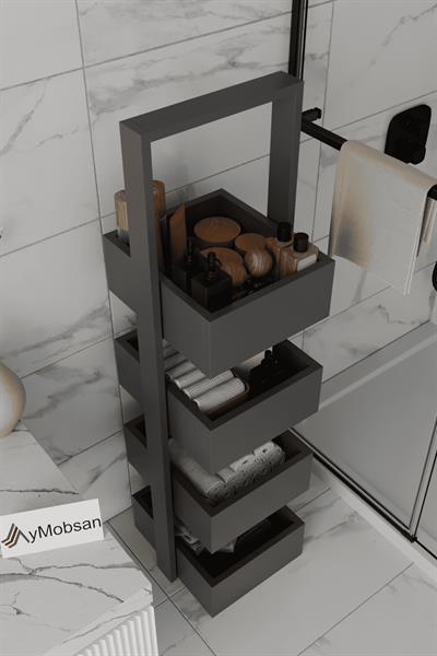 Multi Çok Amaçlı Banyo Rafı Sepetli Çok Amaçlı Raf 4 Raflı 120 cm - Antrasit