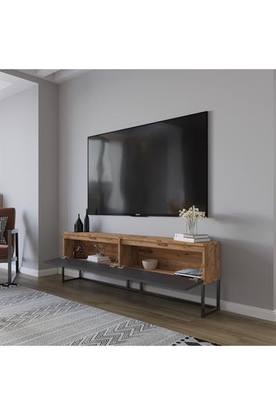 Perla Tv Ünitesi Tv Sehpas Düşer Kapak Tv Ünitesi Metal Ayaklı Tv Ünitesi - Atlantik Çam & Antrasit