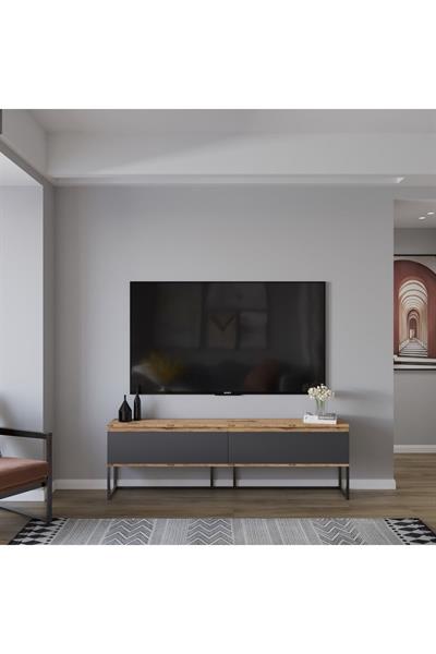 Perla Tv Ünitesi Tv Sehpas Düşer Kapak Tv Ünitesi Metal Ayaklı Tv Ünitesi - Atlantik Çam & Antrasit
