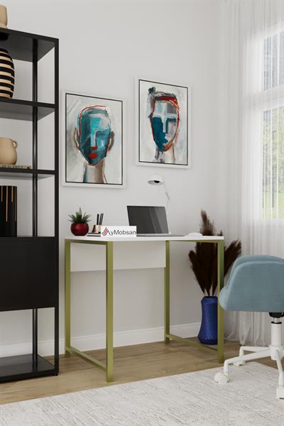 Selin Metal Ayaklı Çalışma Masası – Beyaz Suntalam Gold Ayak Modern Ofis & Ev Masası