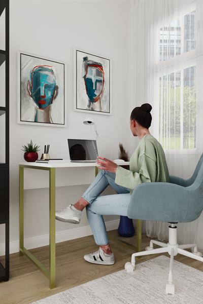 Selin Metal Ayaklı Çalışma Masası – Beyaz Suntalam Gold Ayak Modern Ofis & Ev Masası