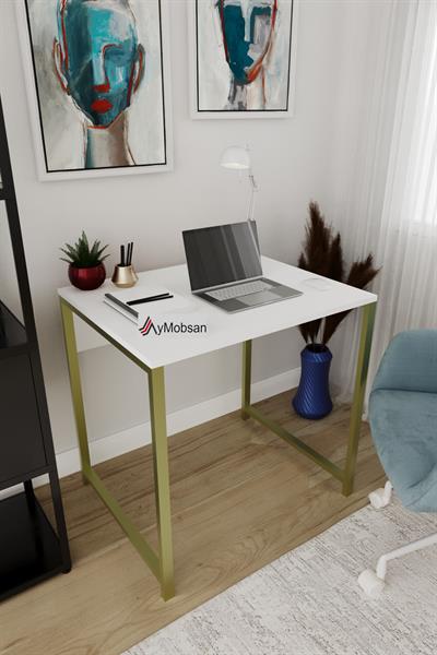 Selin Metal Ayaklı Çalışma Masası – Beyaz Suntalam Gold Ayak Modern Ofis & Ev Masası