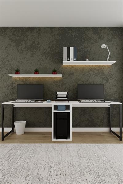 Twin 2 Kişilik Raflı Çalışma Masası Ofis Bilgisayar Masası - Beyaz
