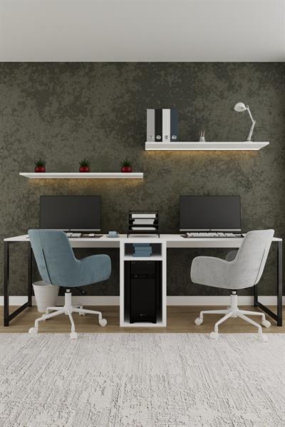 Twin 2 Kişilik Raflı Çalışma Masası Ofis Bilgisayar Masası - Beyaz