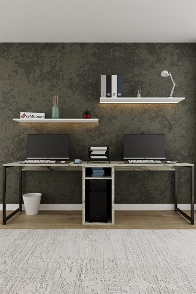 Twin 2 Kişilik Raflı Çalışma Masası Ofis Bilgisayar Masası - Mermer Desenli 