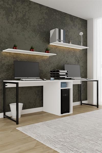 Twin 2 Kişilik Raflı Çalışma Masası Ofis Bilgisayar Masası - Beyaz