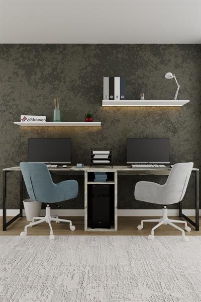 Twin 2 Kişilik Raflı Çalışma Masası Ofis Bilgisayar Masası - Mermer Desenli 
