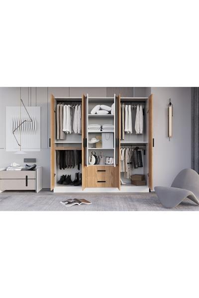 Valeria 6 Kapılı 2 Çekmeceli Gardrop Geniş Dolap & Aynalı Elbise Dolabı Atlantik Çam & Beyaz