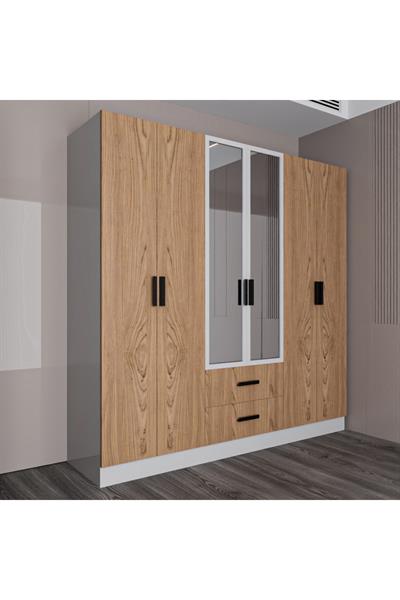 Valeria 6 Kapılı 2 Çekmeceli Gardrop Geniş Dolap & Aynalı Elbise Dolabı Atlantik Çam & Beyaz