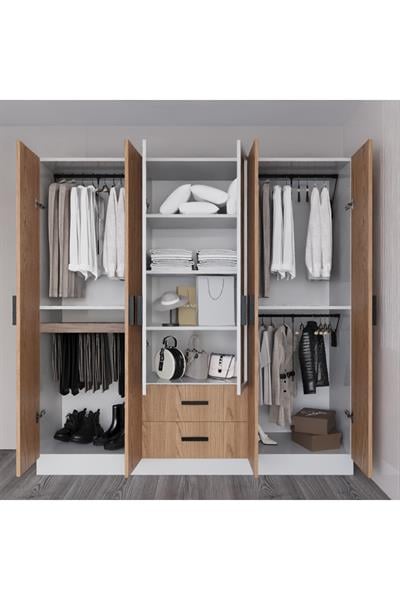 Valeria 6 Kapılı 2 Çekmeceli Gardrop Geniş Dolap & Aynalı Elbise Dolabı Atlantik Çam & Beyaz