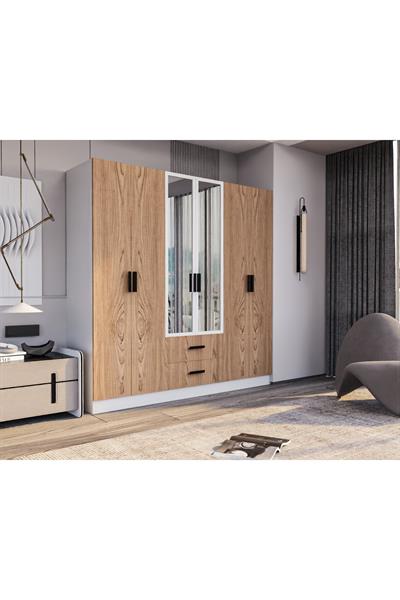 Valeria 6 Kapılı 2 Çekmeceli Gardrop Geniş Dolap & Aynalı Elbise Dolabı Atlantik Çam & Beyaz