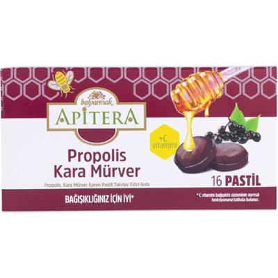 Apitera Doğal Bal, Kara Mürver, Zerdeçal, C Vitamini ve Propolis Içeren Takviye Edici 16’lı Boğaz Pastili