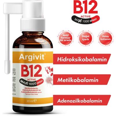 Argivit B12 Active Maxi 1000 Sprey 30 ml (Metilkobalamin, Hidroksikobalamin ve Adenozilkobalamin)