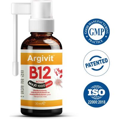 Argivit B12 Active Maxi 1000 Sprey 30 ml (Metilkobalamin, Hidroksikobalamin ve Adenozilkobalamin)
