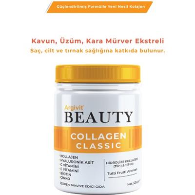 Argivit Beauty Collagen Classic Takviye Edici Gıda (Kolajen, Hyaluronik Asit, Vitamin C, Vitamin E, Biotin, Çinko, Kavun, Üzüm, Kara Mürver) 325 gr