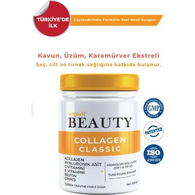 Argivit Beauty Collagen Classic Takviye Edici Gıda (Kolajen, Hyaluronik Asit, Vitamin C, Vitamin E, Biotin, Çinko, Kavun, Üzüm, Kara Mürver) 325 gr
