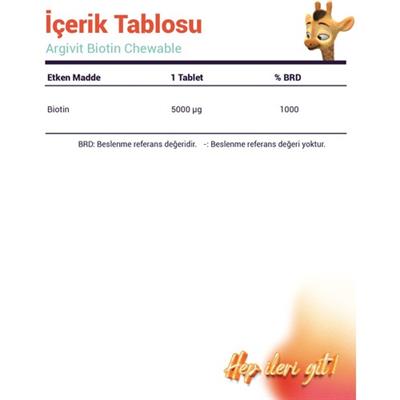 Argivit Biotin Chewable (B7 Vtitamini) Içeren Takviye Edici Gıda 60 Çiğneme Tableti